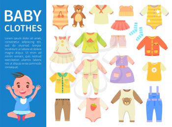 Baby clothes color banner vector illustration with blue stripe, white text sample, varied t-shirts and dress, trousers and shorts, cute sock and bear