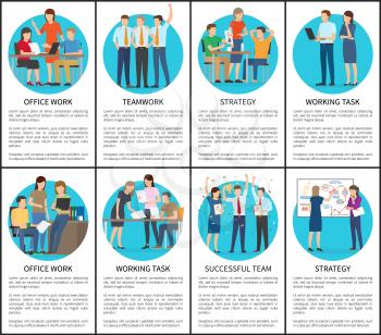 Office work and teamwork strategy and successful team, set with circled images, text sample, business issues and tasks isolated on vector illustration