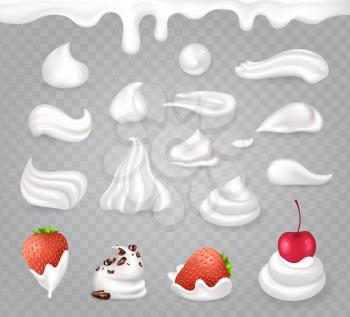 Tasty whipped cream with sweet strawberry, ripe cherry and dark chocolate crumbles isolated realistic vector illustrations on transparent background.