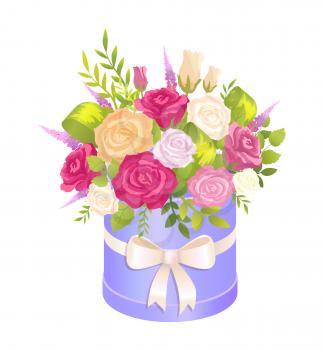 Cute bouquet in festive oval box with pretty bow, set of different flowers colorful roses, green leaves vector illustration isolated on white backdrop