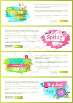 Spring sale advertisement labels on web posters tulips, sakura branch, purple gentle flowers vector springtime blossoms on discounts with push buttons