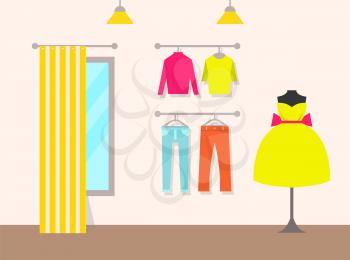 Clothing store and products, sweater and pants, curtains and mirror, lamps and dress on mannequin, indoor interior isolated on vector illustration