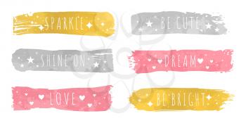 Shiny luxury colors samples with slogan for each. Gold sparkle, silver shine on, pink love, be cute, tender dream and be bright vector illustrations.