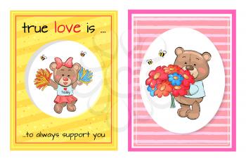 True love is an always support, lovely teddy girl in cheerleading uniform and bear gentleman with big bouquet of flowers vector Valentines Day concept