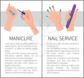 Two manicure and nail services colorful banners, vector illustration with four women s hands with cute nail varnish, white backdrop, working tools