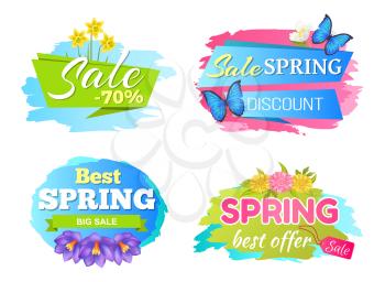 Best offer spring big sale discounts 50 posters set with decorative labels butterfly and springtime flowers daffodils bloom, purple crocus and daisies