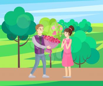 Man presenting luxury bouquet of flowers to woman, vector illustration of dating couple in love vector illustration in green park, spring scenery landscape