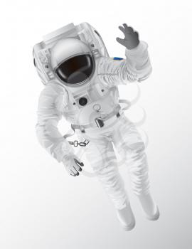 Professional spaceman in modern pressure suit with oxygen balon on back and tinted helmet isolated cartoon vector illustration on white background.