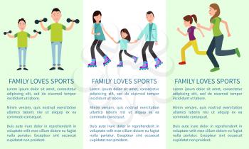 Family loves to learn and sports bright banners with active parents and their kids, sport exercises, roller skating, text sample, vector illustration