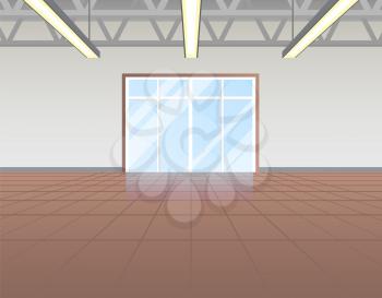 Supermarket room empty, poster with construction on ceiling, floor and walls of grey color, broad window giving light isolated on vector illustration