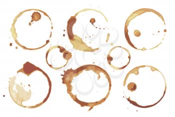 Coffee and tea stains left by cup bottoms set. Round dirty imprints from hot drinks isolated cartoon flat vector illustrations on white background.
