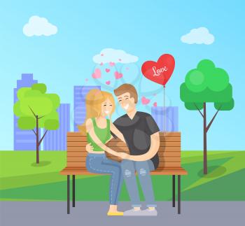Love concept merry couple sitting on bench tenderly holding hands, heart shape balloon near them vector in green park on background of buildings