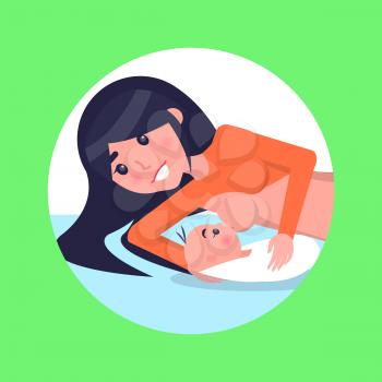 Mother lies on bed and feeds her newborn baby wrapped in blanket with breast isolated cartoon vector illustration inside circle on green background.
