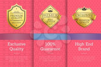 Exclusive quality 100 guarantee high end brand golden labels set award emblems isolated on pink. Vector illustration of gold seal guarantee certificates