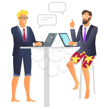 Two happy businessman on rest vector illustration with smiling men, pair of devices on grey table, black jackets and varied shorts, people in glasses