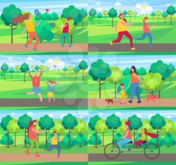Collection of mothers and children in beautiful park vector illustrations. Adult moms spending quality time with their beloved daughters and sons