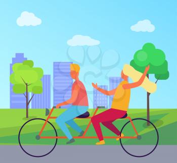 Happy man and woman riding double bicycle in city park. Vector illustration of summertime town park alley with two people on one bike
