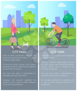 Walking with dog blonde and man riding on blue bike, vector illustration with lot of skyscrapers, three green trees and grass, text sample, grey road