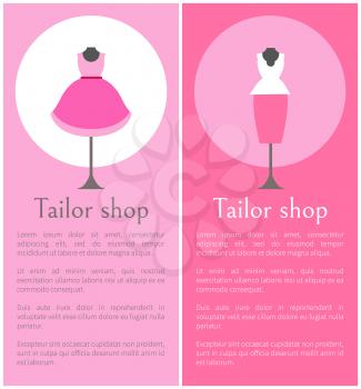 Tailor shop promotional vertical posters with mannequins in fashionable clothes of pink colors and sample texts cartoon flat vector illustrations set.