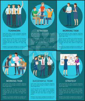 Strategy and working task, teamwork and successful team, collection of banners with text sample and titles, people, isolated on vector illustration