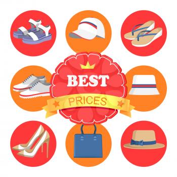 Best prices poster and icons with circled images, hats and shoes, bags and accessories, headline and star with crown, isolated on vector illustration