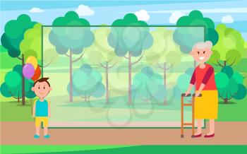 Grandson and grandmother, people and family, having good time together at park, filling form and trees, landscape isolated on vector illustration
