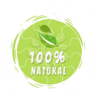 100 natural green eco label design, round sticker with leaves, healthy organic high quality product vector illustration logo design isolated on white