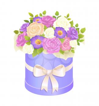 Gentle bouquet of rose and daisy flowers in decorative wrapping box paper package vector illustration blooming flower present on Womens day or birthday