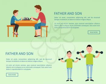 Father and son web posters with push button read more, training with dumbbells and playing chess together vector set. Dad and boy go in for sport