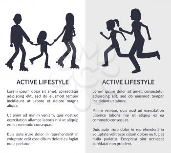 Two active lifestyle bright vector illustrations isolated on grey and white backgrounds, running and skating on rollers parents and their children