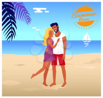 Summer love poster with couple in love hugs on sandy beach in exotic palm shade with deep ocean behind and under hot sun cartoon vector illustration.
