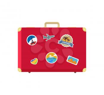 Leather vintage suitcase with decorative memory cards with flag of France, Egypt tropical countries and flying plane vector illustration briefcase