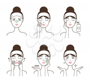 Young woman takes care of skin with skincare cosmetics full of vitamins isolated cartoon minimalistic vector illustrations set on white background.