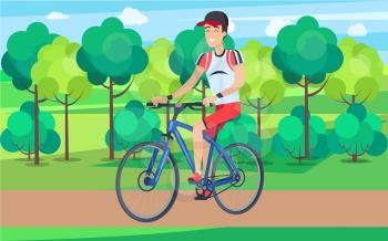 Smiling man dressed in cycling clothing and cap riding blue bicycle with lush trees, bushes and blue sky behind him vector illustration