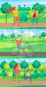 Mothers and children in park collection of vector illustration. Adult females and young kids playing badminton, catching butterflies and rollerblading