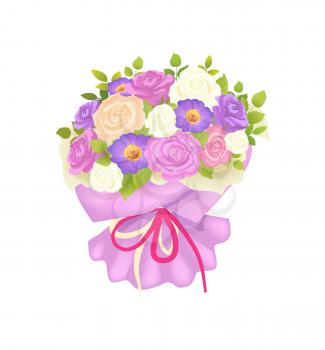 Gentle bouquet of rose and daisy flowers in decorative wrapping with bow vector illustration blooming flower present on Womens day or birthday isolated
