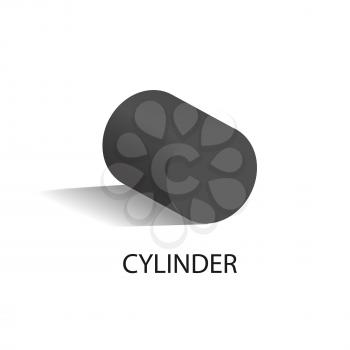 Black cylinder geometric figure that casts shade. Three-dimensional cylinder shape with side in form of circle and smooth surface isolated vector illustration.