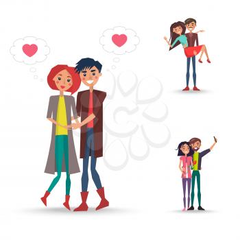 Three happy pair of girl and boy with pink hearts in wavy clouds, red flower and camera on phone for making selfie vector illustration.