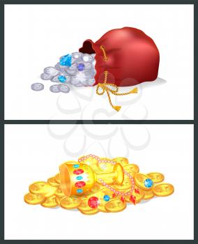 Bag with shiny diamonds and heap of gold. Ancient precious treasures in bunches. Expensive gems, metal money and fancy goblet vector illustrations.