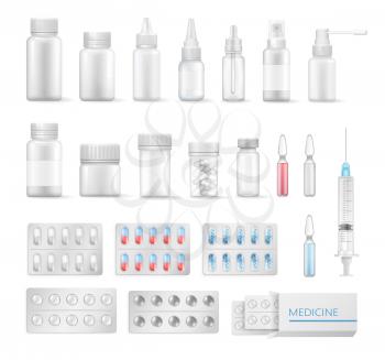 Medicine set of different flacons colorful banner, medicine syringe and ampoules, varied shape tablets, vector illustration isolated on white backdrop