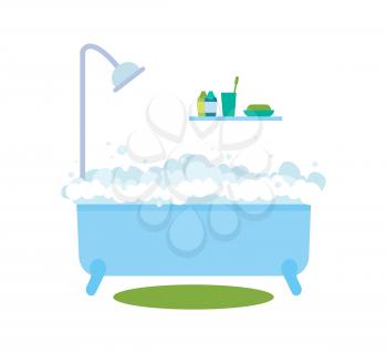 Bath with bubbles and hot water, bath time and healthcare, hygiene and products, soap and toothbrush, with gels and shampoos, vector illustration