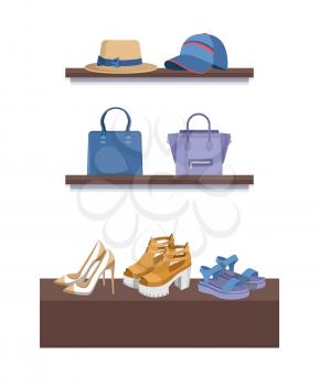 Summer mode shelves with objects, poster with hats and bags, shoes and women items, collection of products, vector illustration isolated on white
