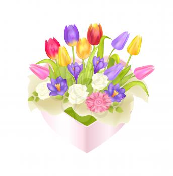 Flowers in oval decorative square box luxury tulips, tender crocus, elegant roses, early spring blossoms vector illustration isolated on white