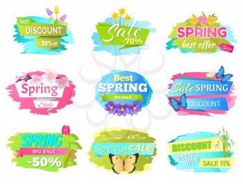 Spring sale labels set crocus and snowdrop flowers, discounts emblems roses and daffodils, springtime price of color butterflies vector illustrations
