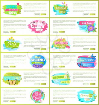Best spring big sale advertisement labels crocus lilac purple flowers with daffodils and butterflies vector web pages set push buttons read and buy now