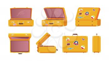 Suitcase with stickers of flags of different countries and landmarks, ready for travelling and adventures, vector illustration isolated on white