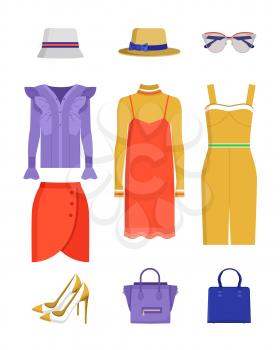 Lot of summer clothing isolated on white backdrop, vector illustration with cute hats, handbags and sunglasses, pair of shoes, skirt shirt and dress