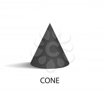 Cone of black color, poster with geometric shape and lettering, banner and cone form with shadow, vector illustration isolated