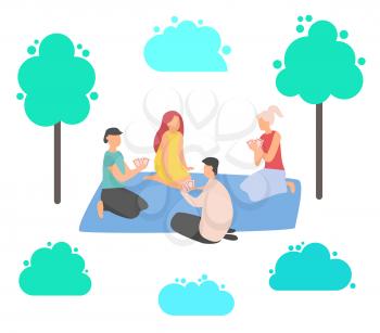 Friends characters playing cards, people sitting on mat, bush and tree decoration elements on white, man and woman leisure outdoor, vacation vector. Flat cartoon