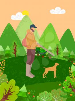 Person on nature with dog vector, hobby of character hunting with dog, male holding weapon. Leisure time on weekends, pastime of person interest time. Flat cartoon